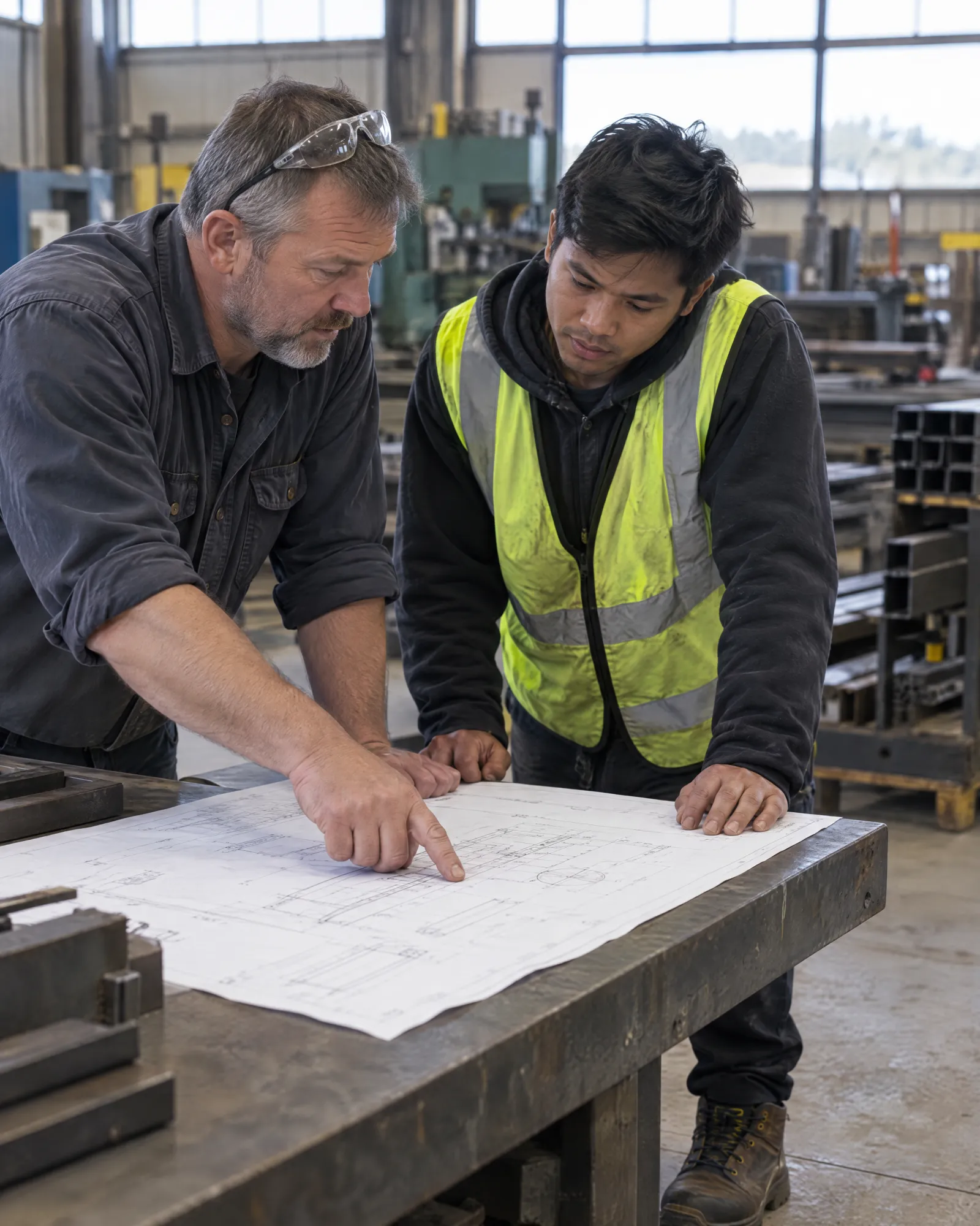 A shop supervisor points to a detail on a technical drawing while a newly arrived worker in a safety vest follows along at a steel workbench.