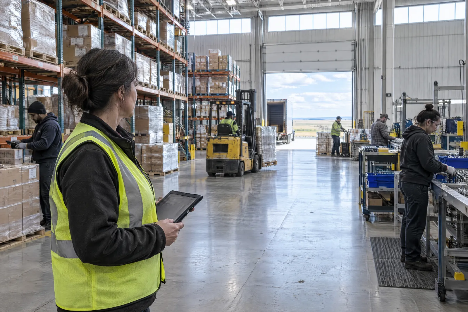 An operations manager in a safety vest holds a tablet and watches over a busy warehouse floor, with a forklift moving stock and workers at their stations.