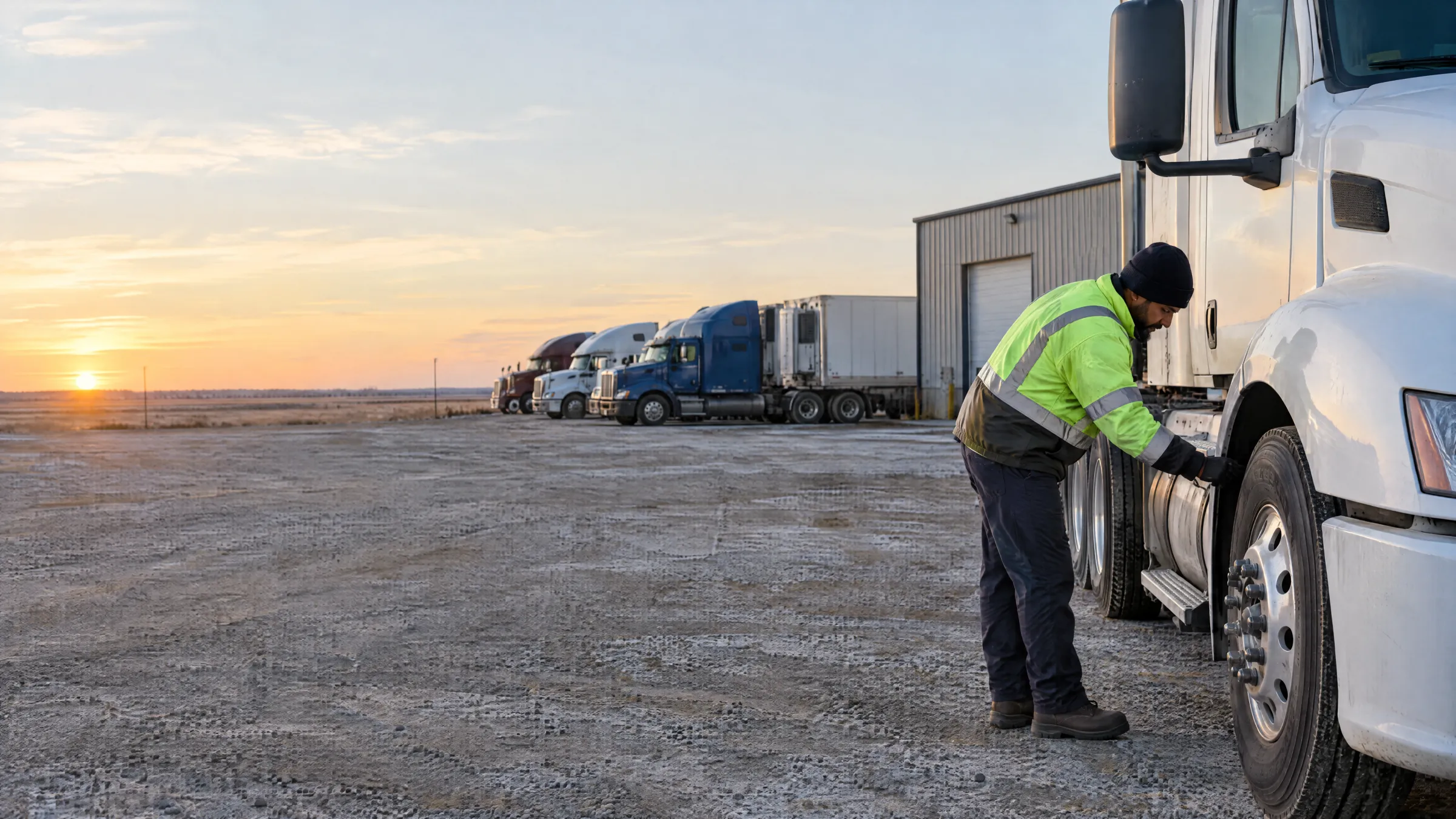 A truck driver in a high-visibility jacket inspects the wheels of a semi truck in a gravel yard at sunrise, with a row of trucks and open prairie behind.