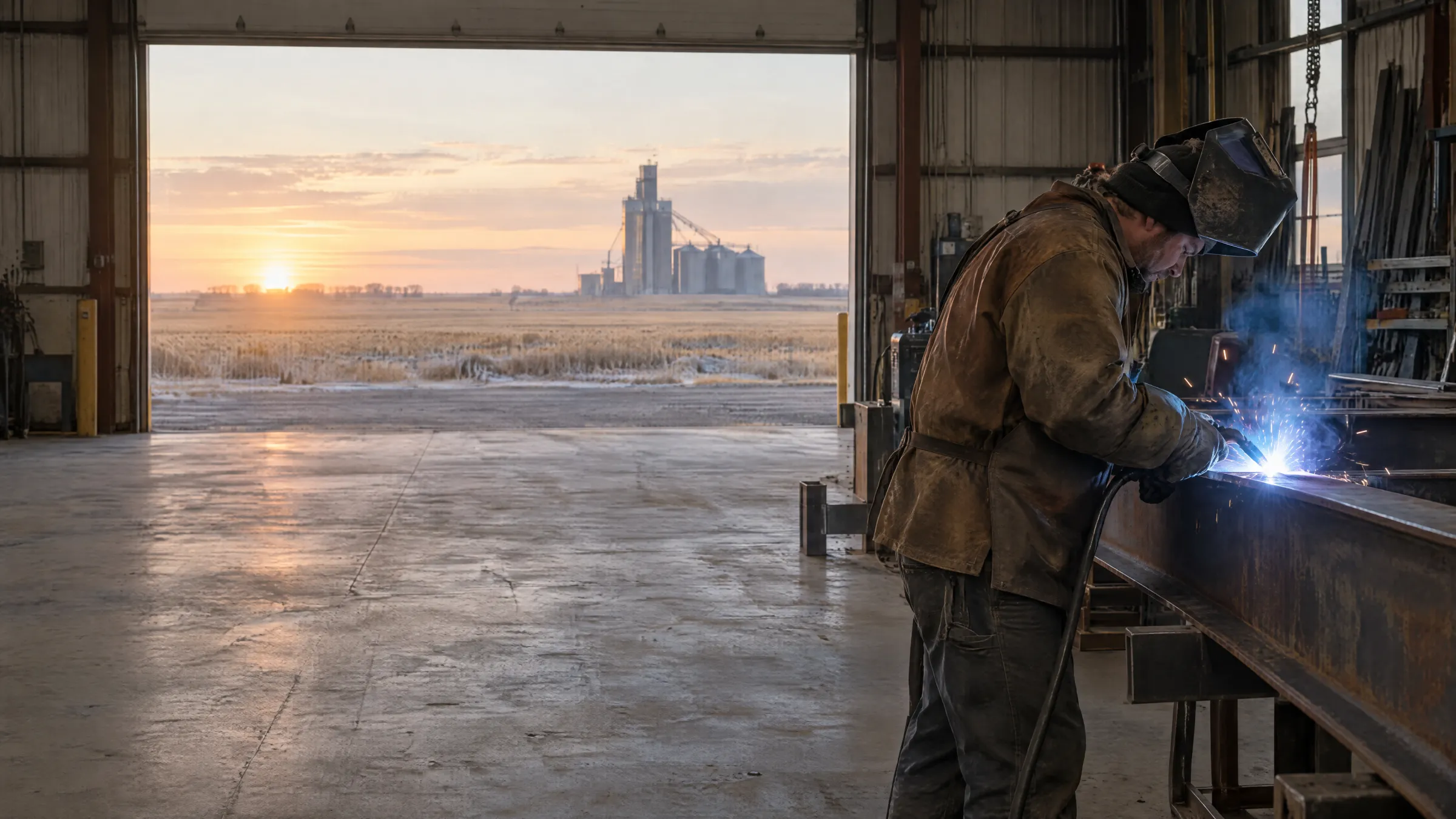 A welder in a leather jacket works on a steel beam inside a fabrication shop, its bay door open to prairie fields and a grain elevator at sunrise.