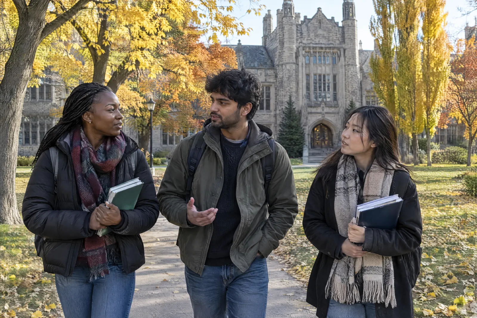 Three international students with backpacks and books talk as they walk along a campus path under yellow autumn trees, a greystone university building behind them.